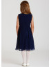 Beaded Navy Blue Chiffon Knee Length Flower Girl Dress